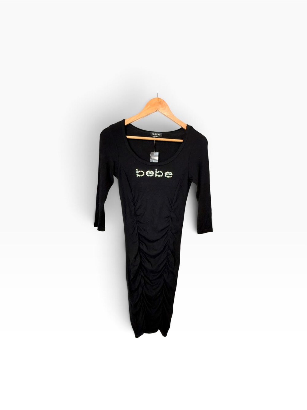 Bebe ruched bodycon long sleeve dress rhinestone logo
